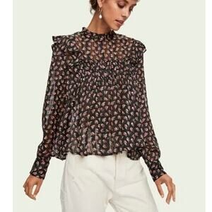 SCOTCH & SODA Floaty Ruffled Long Sleeve Top in Black Floral Print size XS